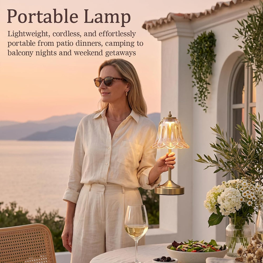 Cordless Table Lamp, Rechargeable Amber Glass Tulip Flower Touch Lamp