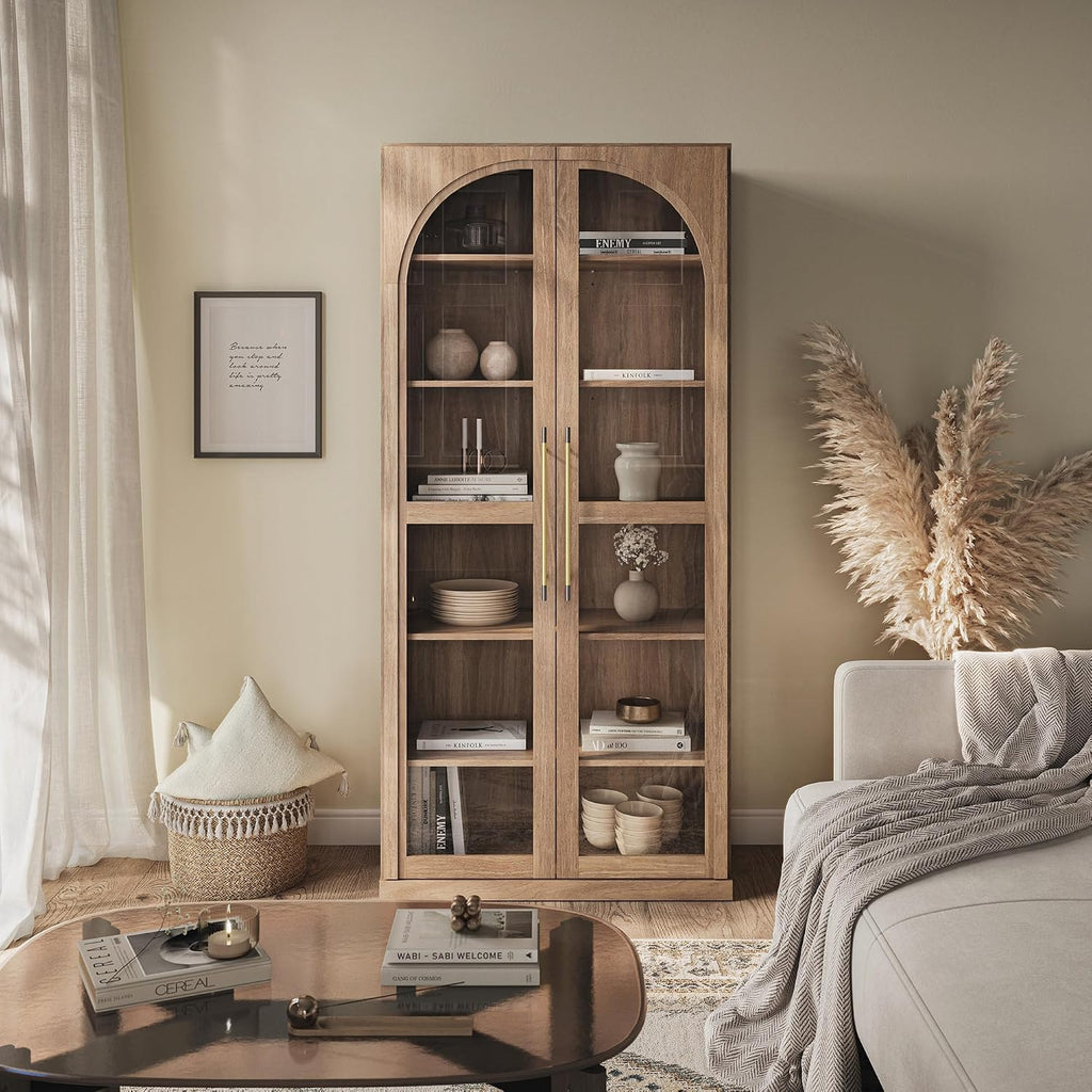BELLEZE Modern Wood Wine Curio Cabinets with 4 Adjustable Shelves, 67" Storage Cabinet, 6 Shelf Glass Bookshelf Display Cabinet, Trophy Display Case for Living Room, Wine, Camel