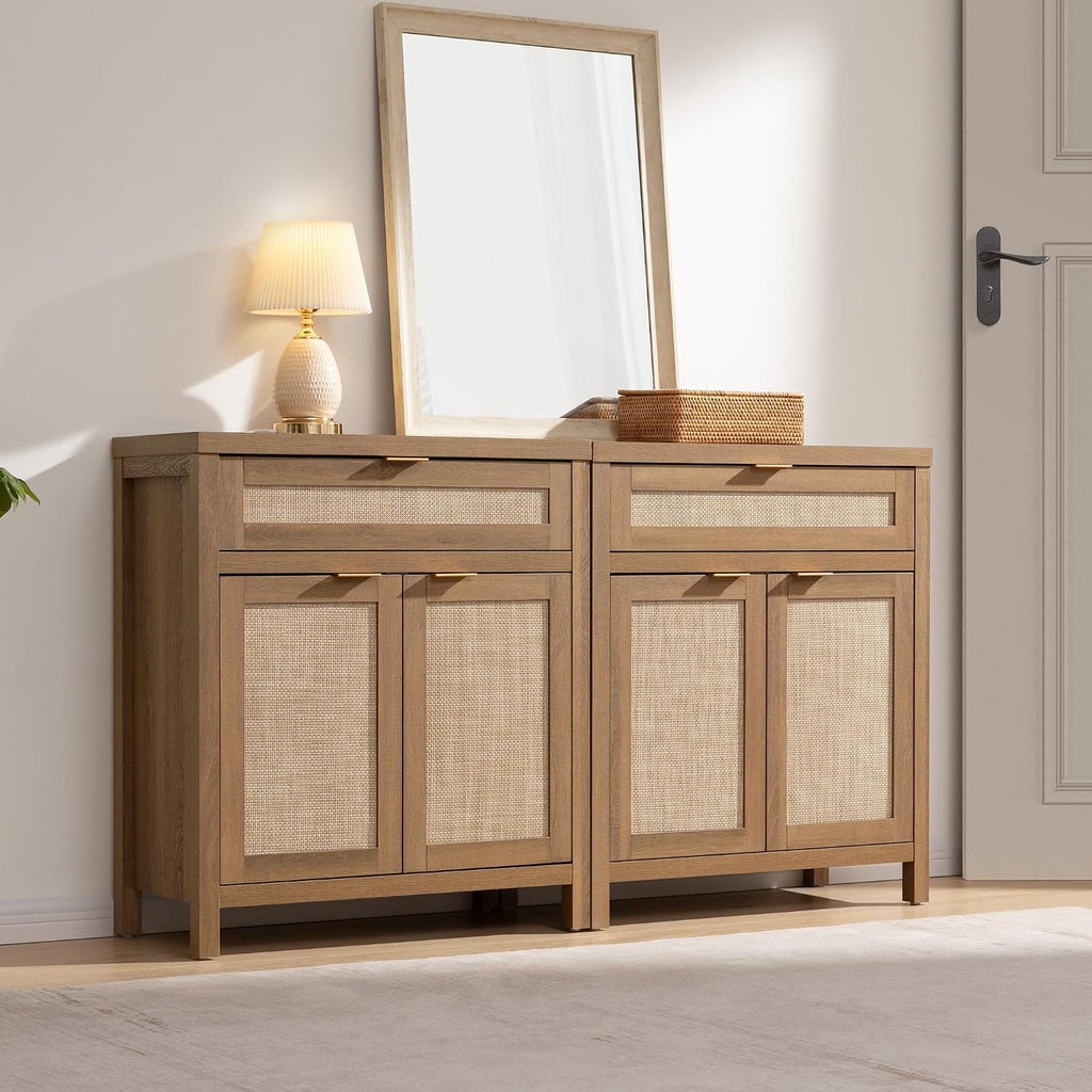 SICOTAS Buffet Cabinet Sideboard with Storage, Rattan Accent Cabinet