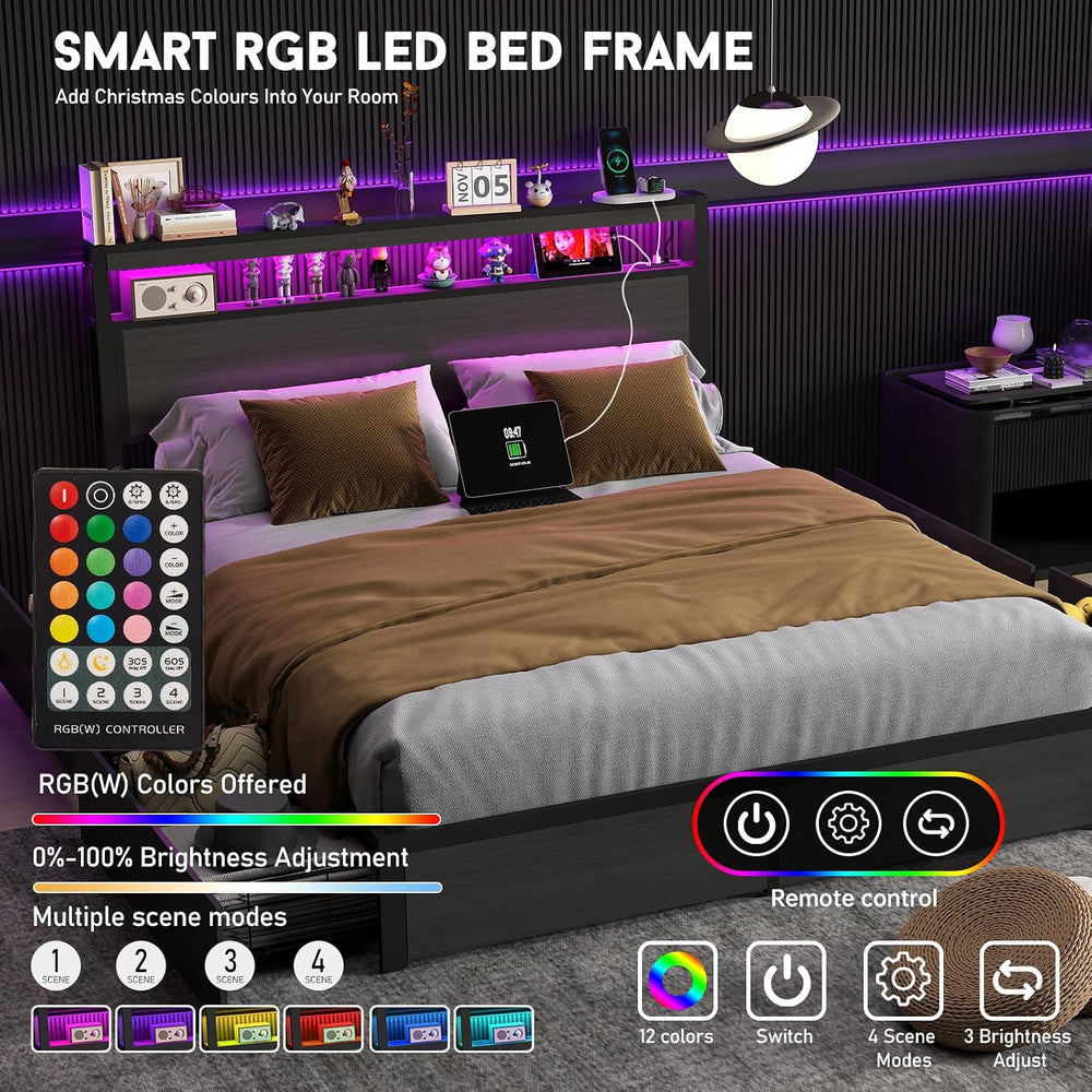 Full Size Bed Frame with LED Light Headboard and 4 Storage Drawers