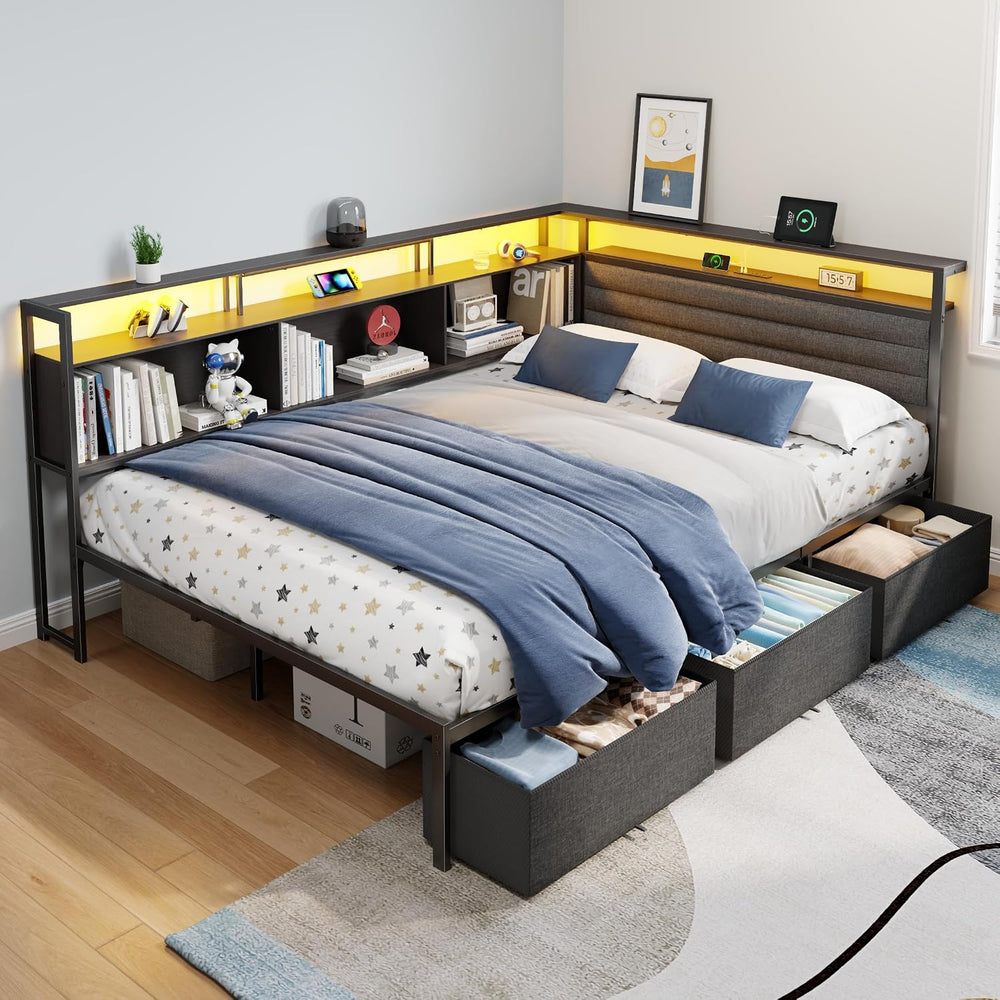 OURPIC Full Corner Bed Frame with 3 Storage Drawers, LED Lights & Charging