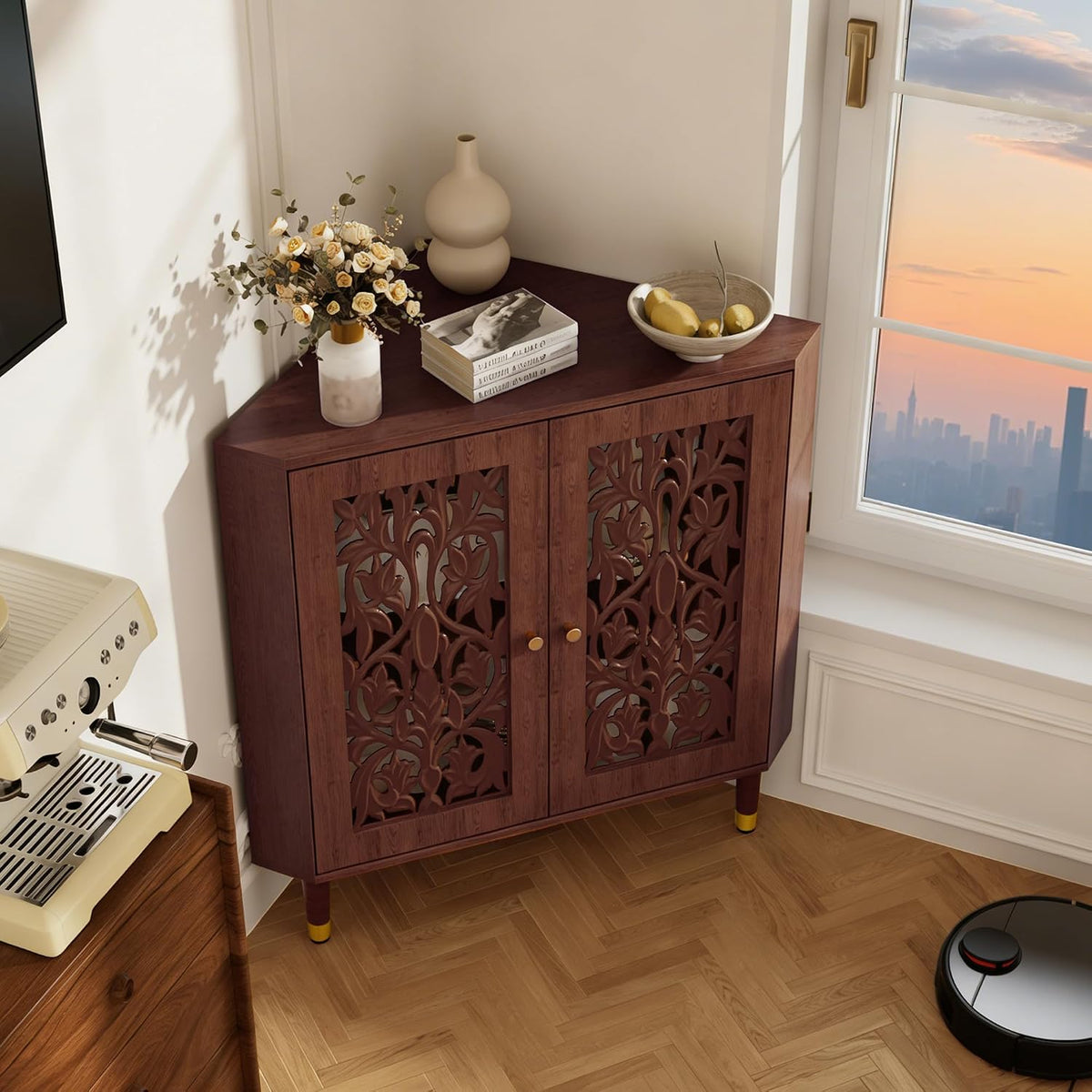 3More Retro Hollow Carved 2-Door Accent Corner Storage Cabinet, Brown