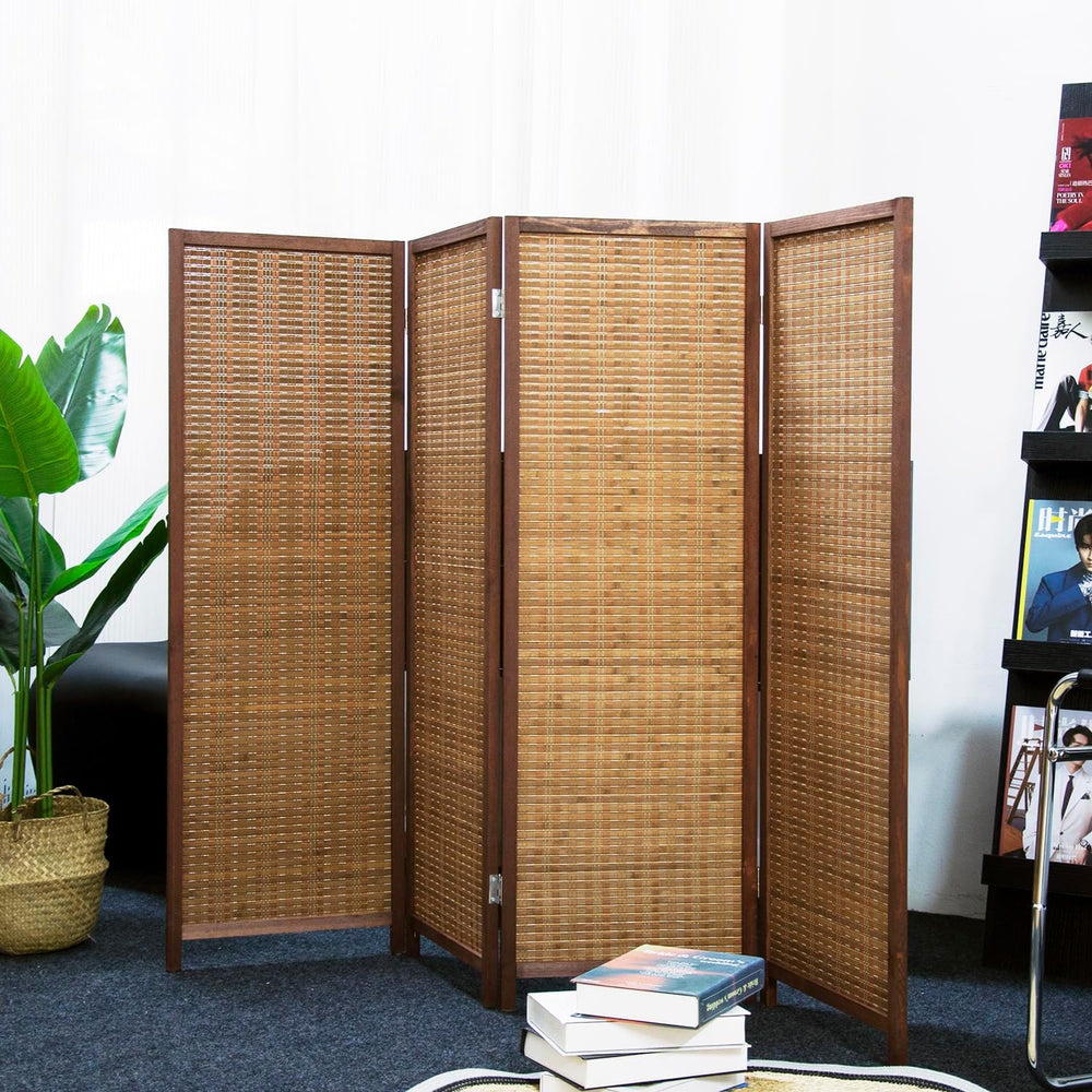 Furnnylane 4 Panel Short Room Divider Screen,Brown Freestanding Partition,Sma...