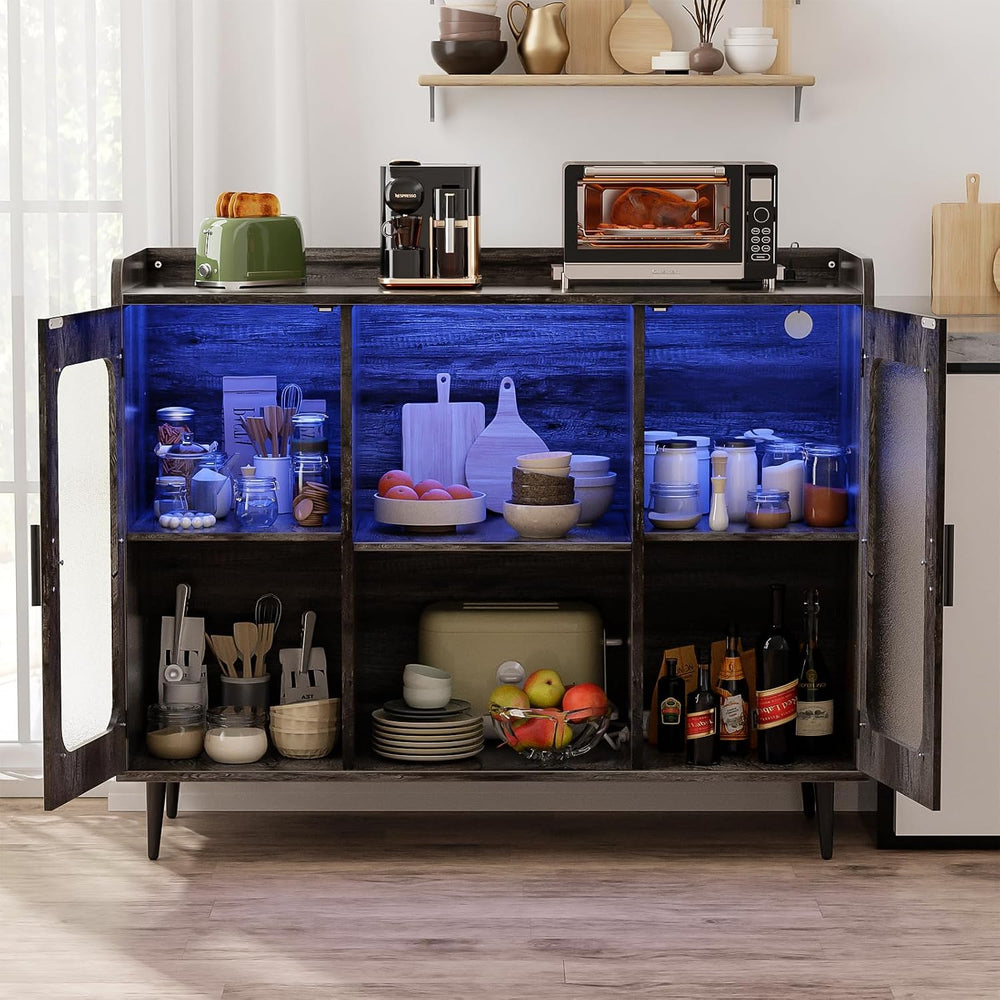 Coffee Bar Cabinet with Power Outlets and LED Light, Black Oak