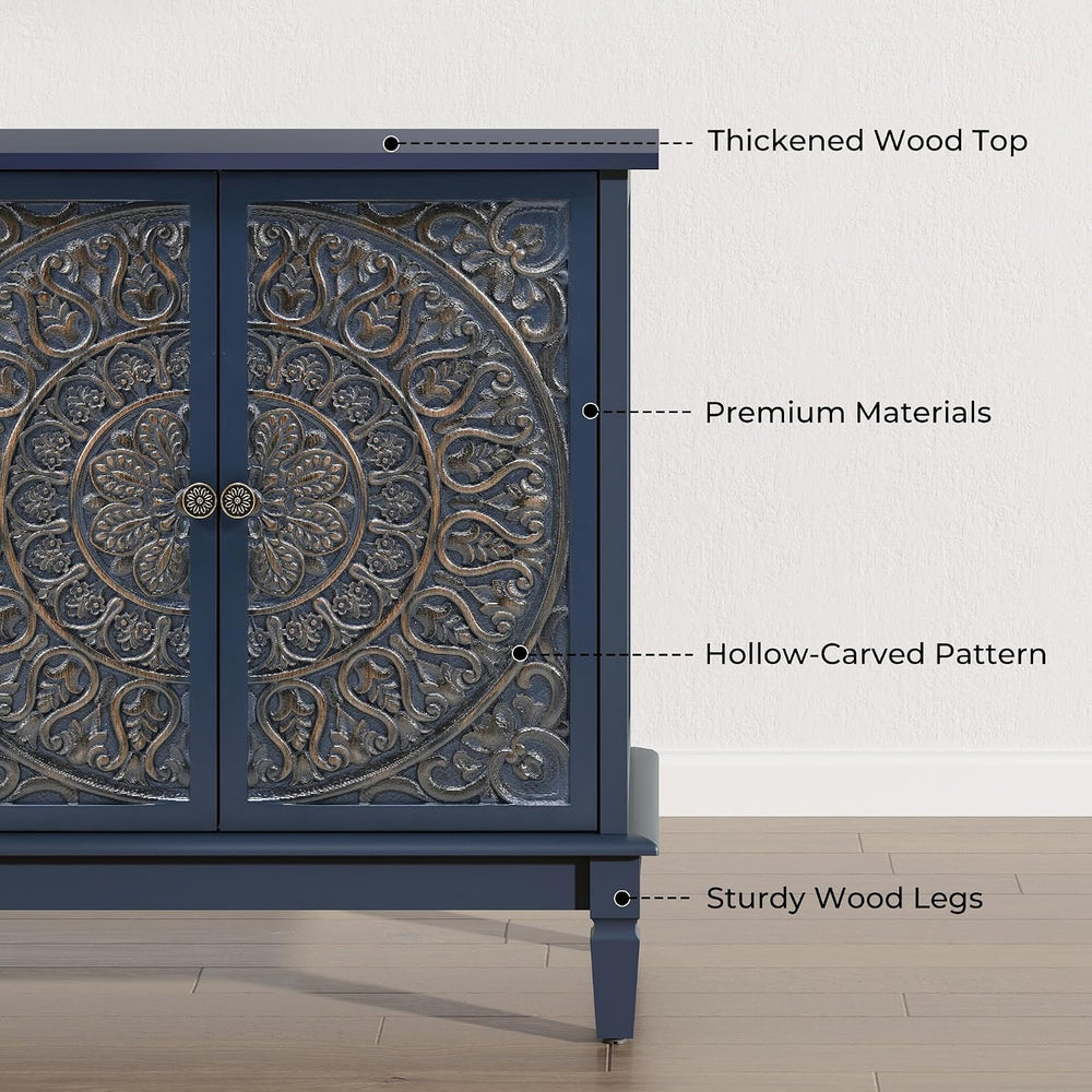 59" Solid Wood Buffet Cabinet, Accent Cabinet, 4 Carved Doors