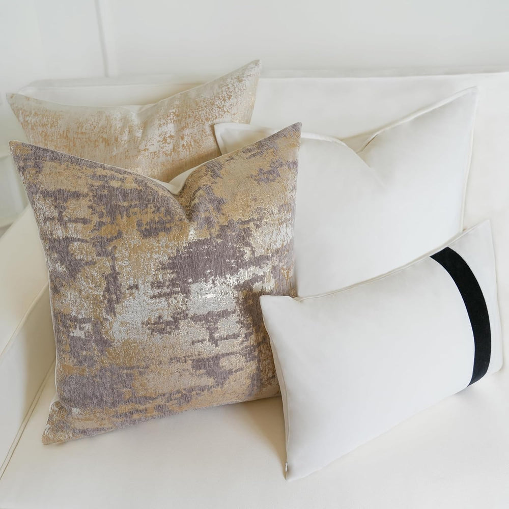 THE-TINOART Pack of 2 Textured Beige and Metallic Gold Jacquard Throw Pillow ...