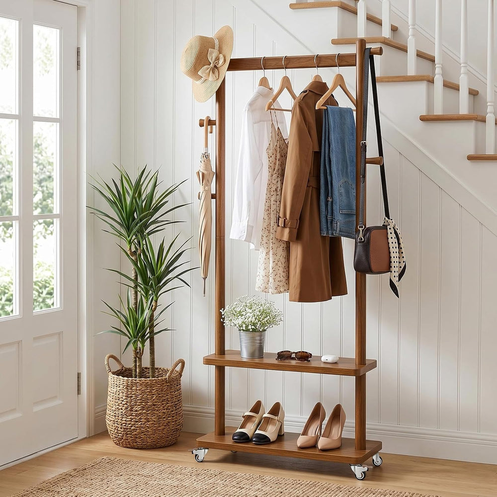 Taitiy Coat Rack Freestanding Solid Wood Clothes Rack with Wheels