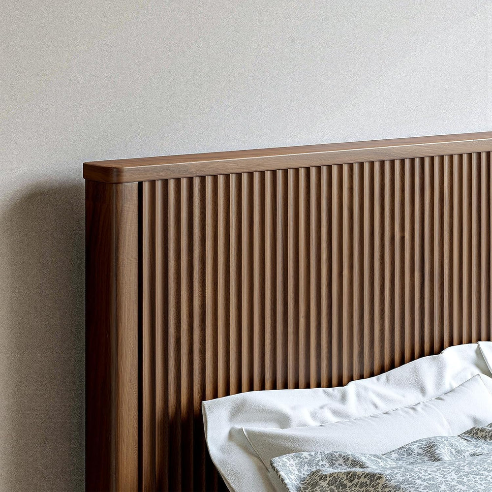 Evermagin Fluted Walnut King Bed Frame with 51'' Headboard & Stor...