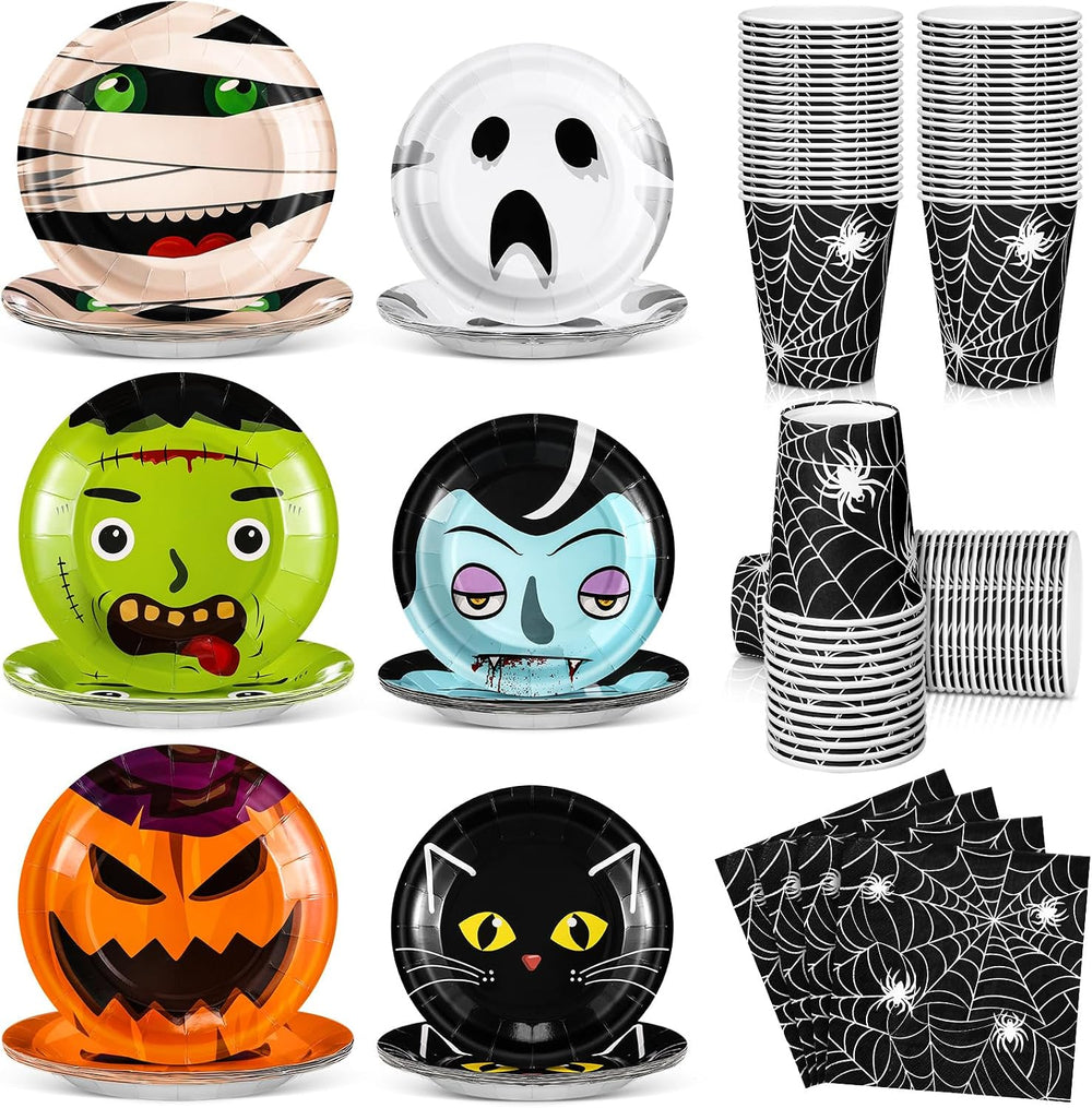 Jingmore 240 Pcs Halloween Party Supplies Dessert Plates Cups, Napkins