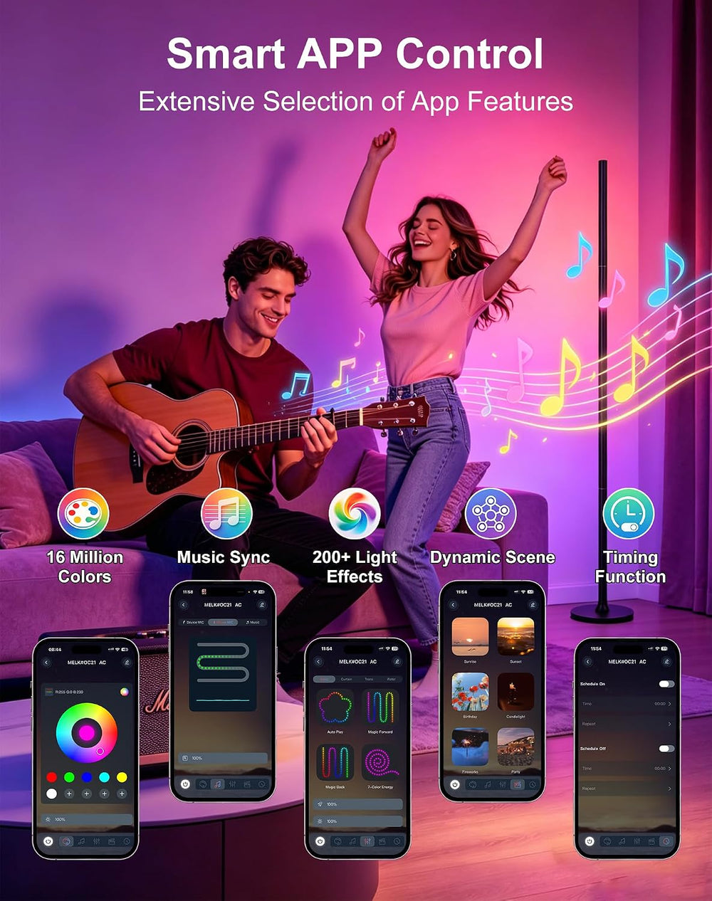 Smart RGB Corner Floor Lamp, Remote & App Control, Music Sync Ambient Light