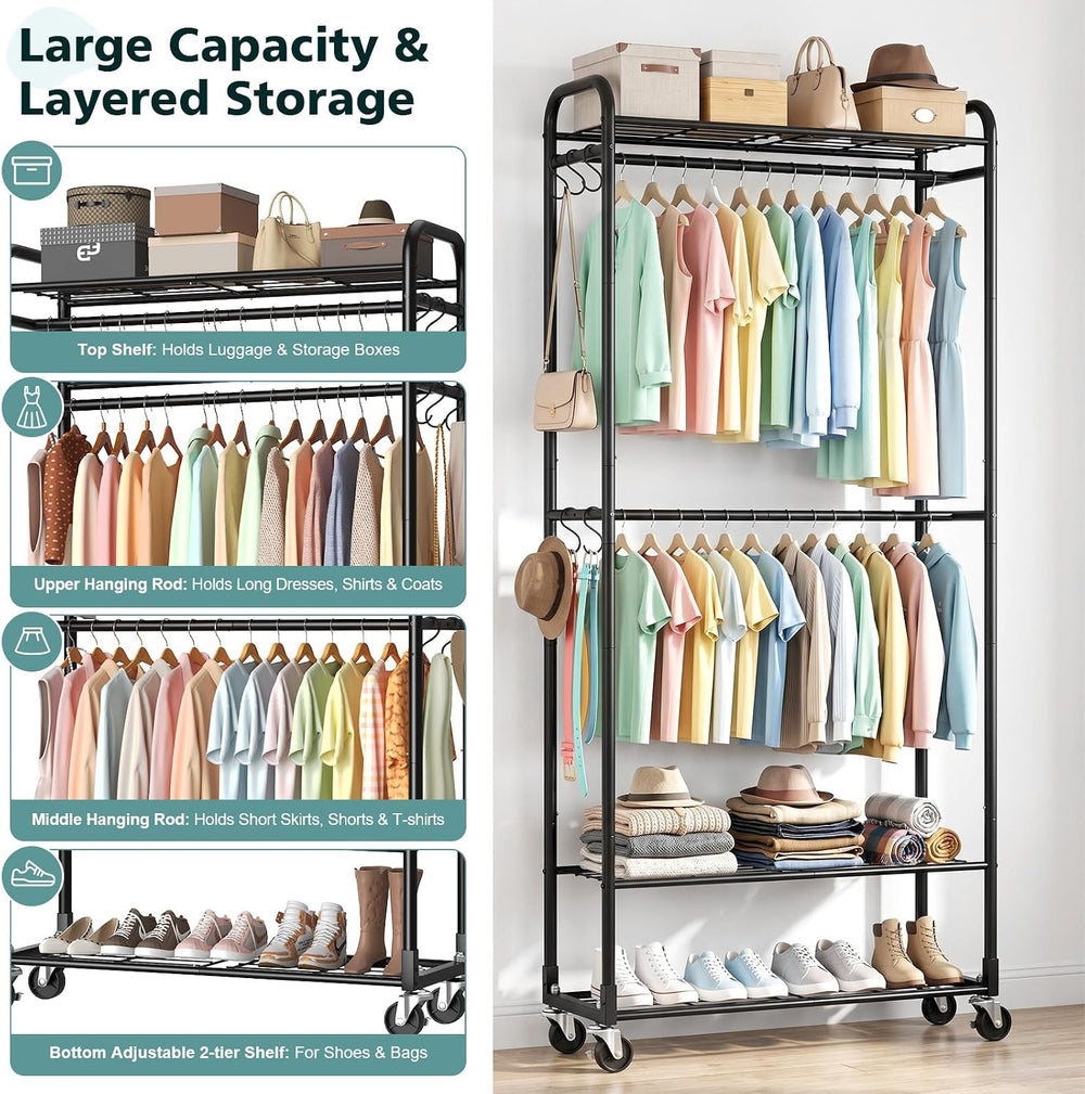 Luxspire Clothes Rack 3-Tier Portable Freestanding Closet with Shelves