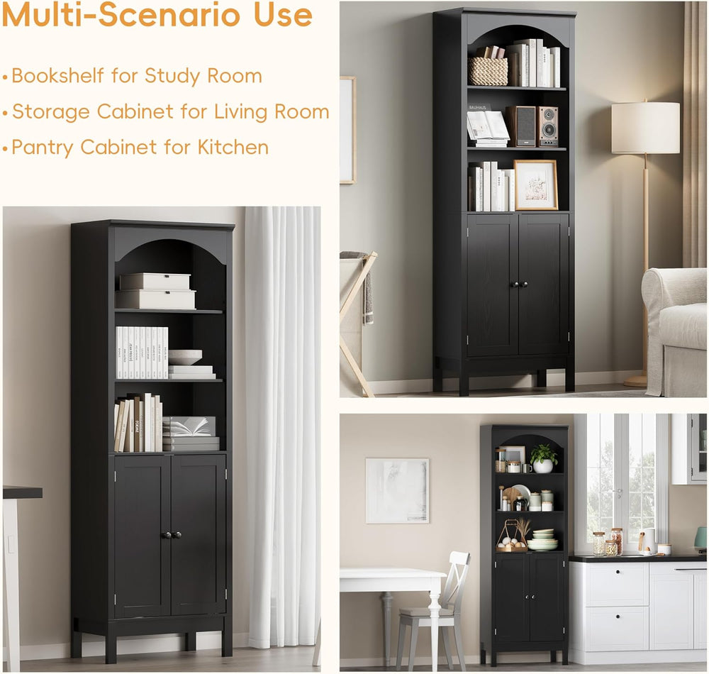 Arched Bookshelf,3 Tier Tall Bookcase with Adjustable Shelves and Cabinet