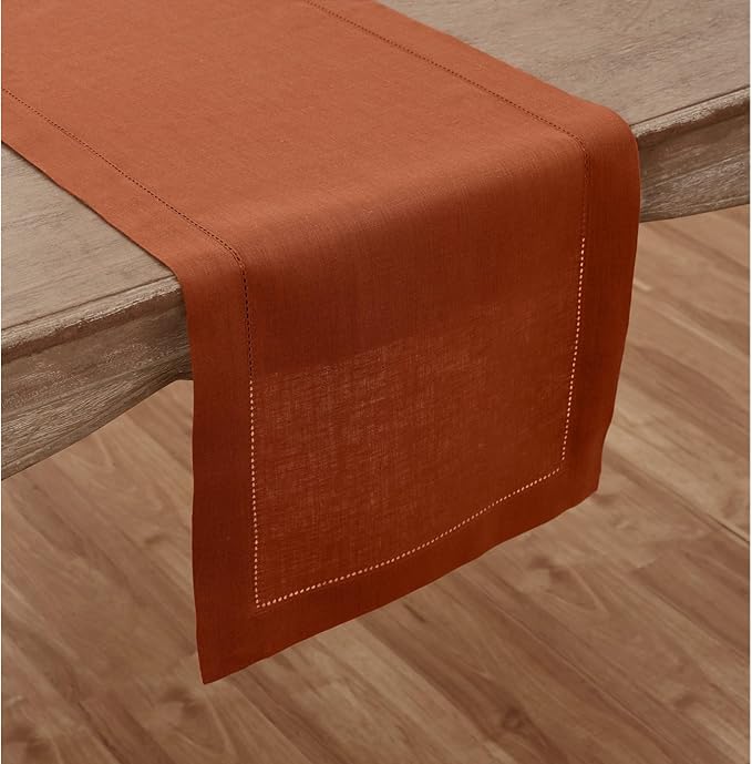Solino Home Linen Cinnamon Table Runner 72 Inches Long - 100% Pure Linen Hemstitch Table Runner 14 x 72 Inch for Dresser, Dining, Fall, Autumn, Halloween, Thanksgiving - Classic Hemstitch
