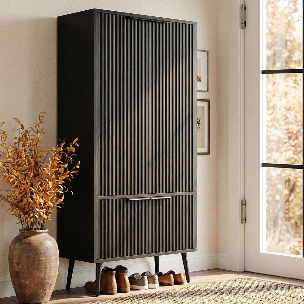 Ebony Fluted 51" Tall Wooden Kitchen Pantry Storage Cabinet Food Organiz...