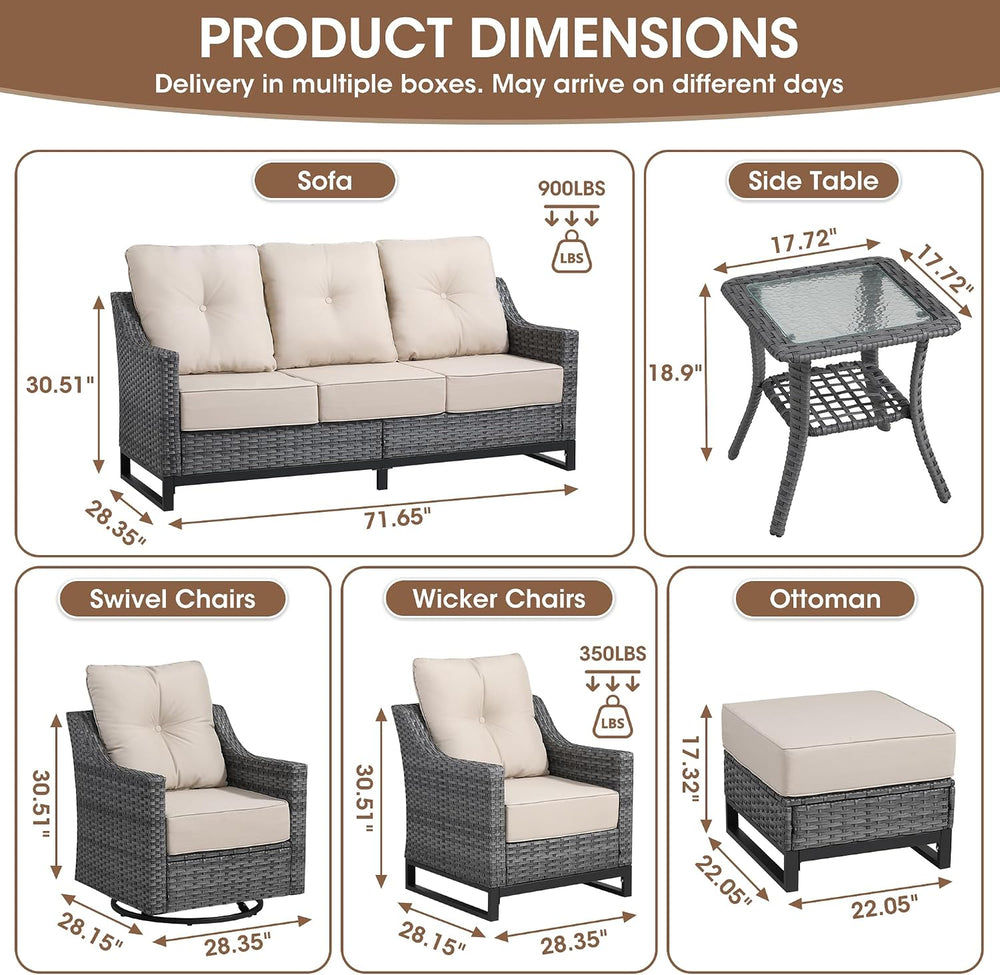 5 Piece Patio Furniture Set, Grey Wicker Outdoor Conversation Set with 2 Swiv...