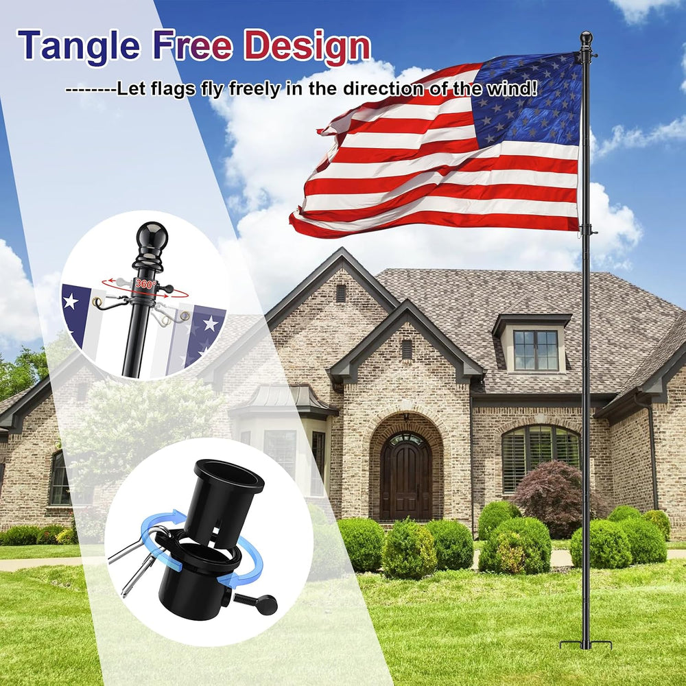 Ground Flag Pole Kit, 9.5 ft Adjustable, Stable 3-Prong Stake, 3x5 US Flag