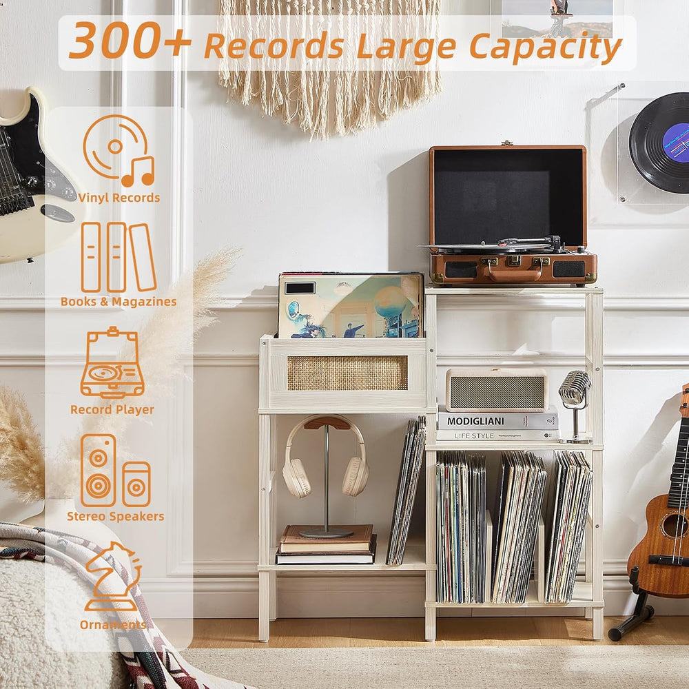 LELELINKY Record Player Stand, White Cream Oak Wood Record Holder with Vinyl ...