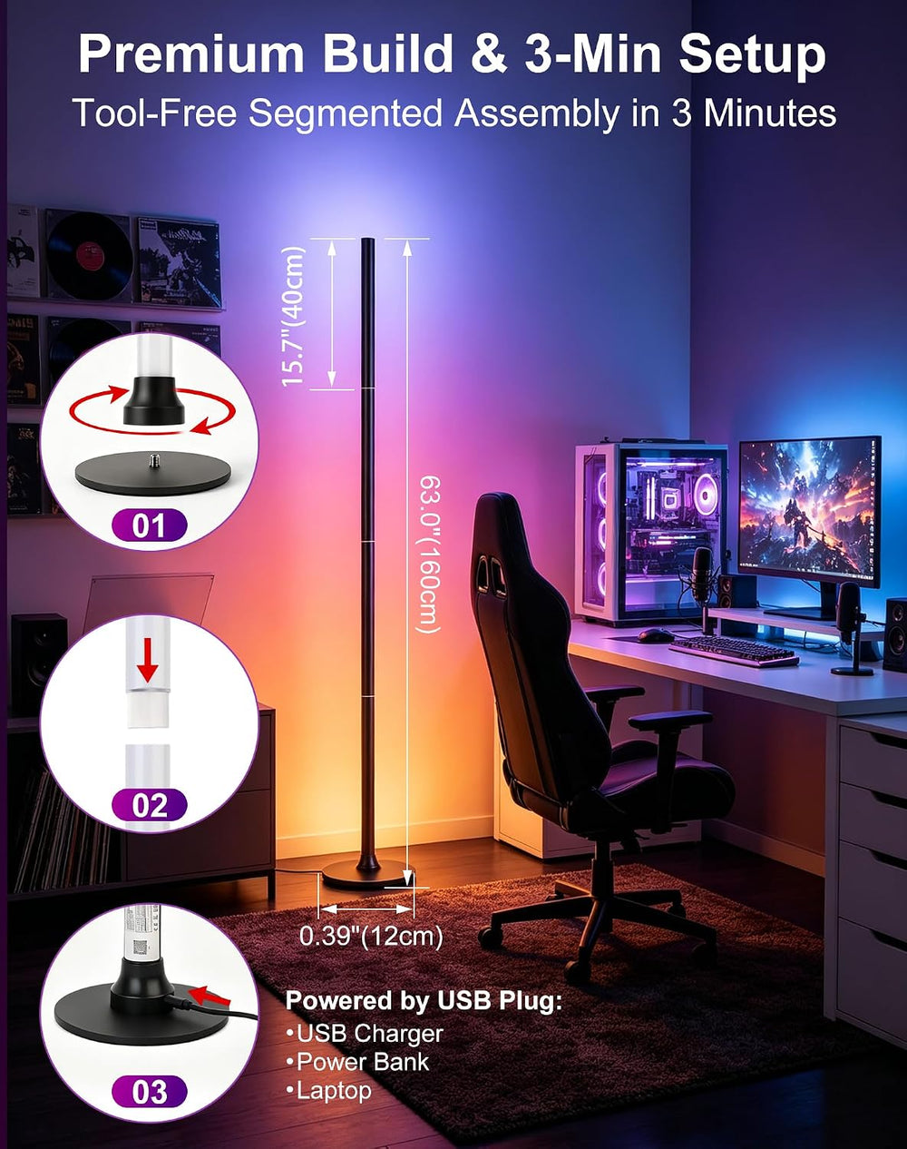 Smart RGB Corner Floor Lamp, Remote & App Control, Music Sync Ambient Light