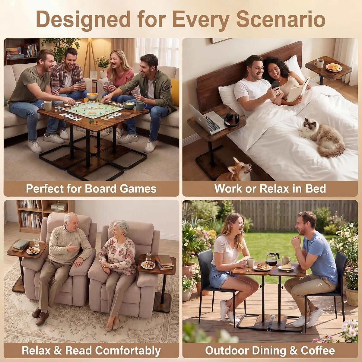 YUHFERA Large 2-Pack TV Tray Tables for Couch, Adjustable Height, Brown