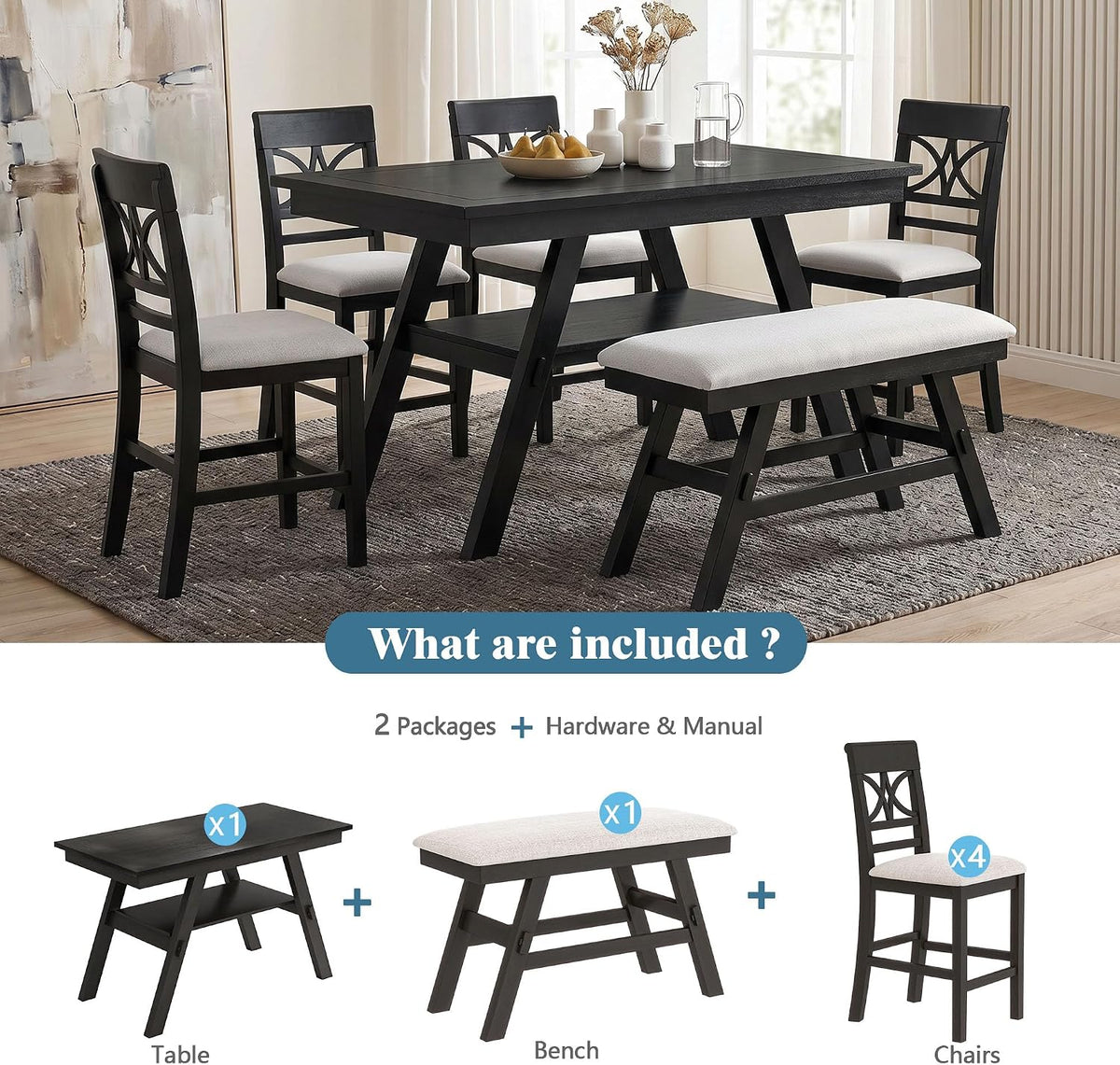 Merax 6-Piece Wood Counter Height Dining Table Set with Storage Shelf, Rustic Dining Table Set with Upholstered Chairs and Bench for 4-6, Espresso+Beige