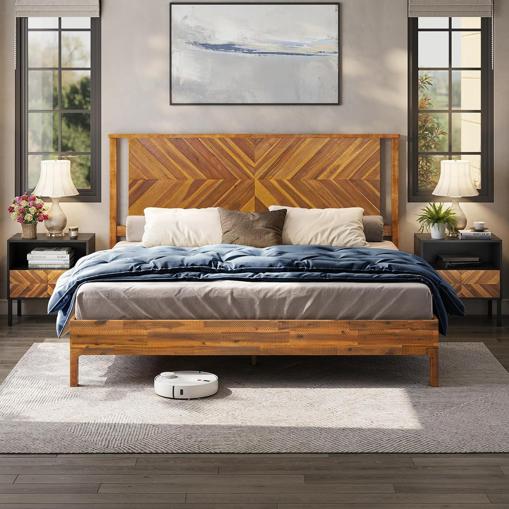 Bme Vivian 14 Inch Deluxe Bed Frame with Headboard, Rustic & Scandinavian...