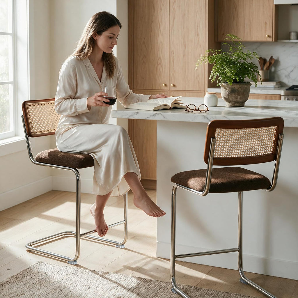 GrandNoor Natural Rattan Counter Height Stools Set of 3 with Solid Wood Back, 24 Inch Mid Century Modern Cesca Bar Stools, Brown Upholstery Boho Stool for Kitchen Counter with Chrome Metal Legs