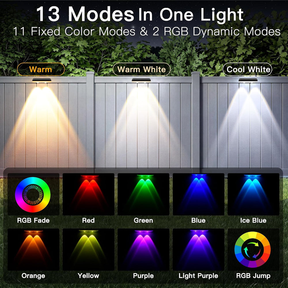 Solar Fence Lights Outdoor 12 Pack, 13 Modes RGB, IP65 Waterproof
