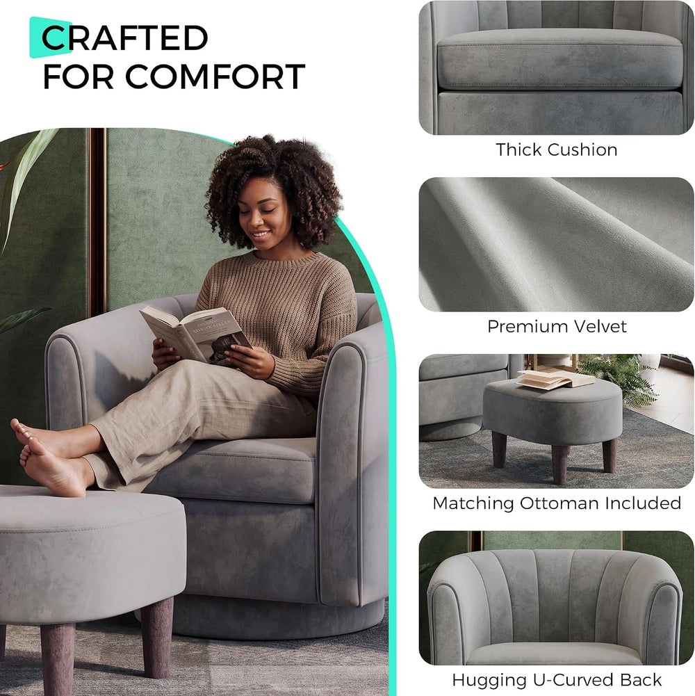 LINSY 360° Swivel Accent Chairs Set of 2, Modern Velvet Chair with Ottoman, C...