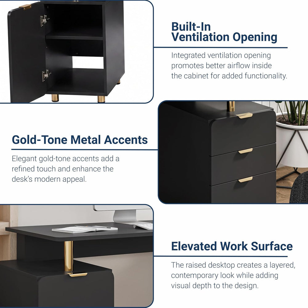 Techni Mobili 57"W Computer Desk w/ 3 Drawers & Storage Cabinet, Bla...