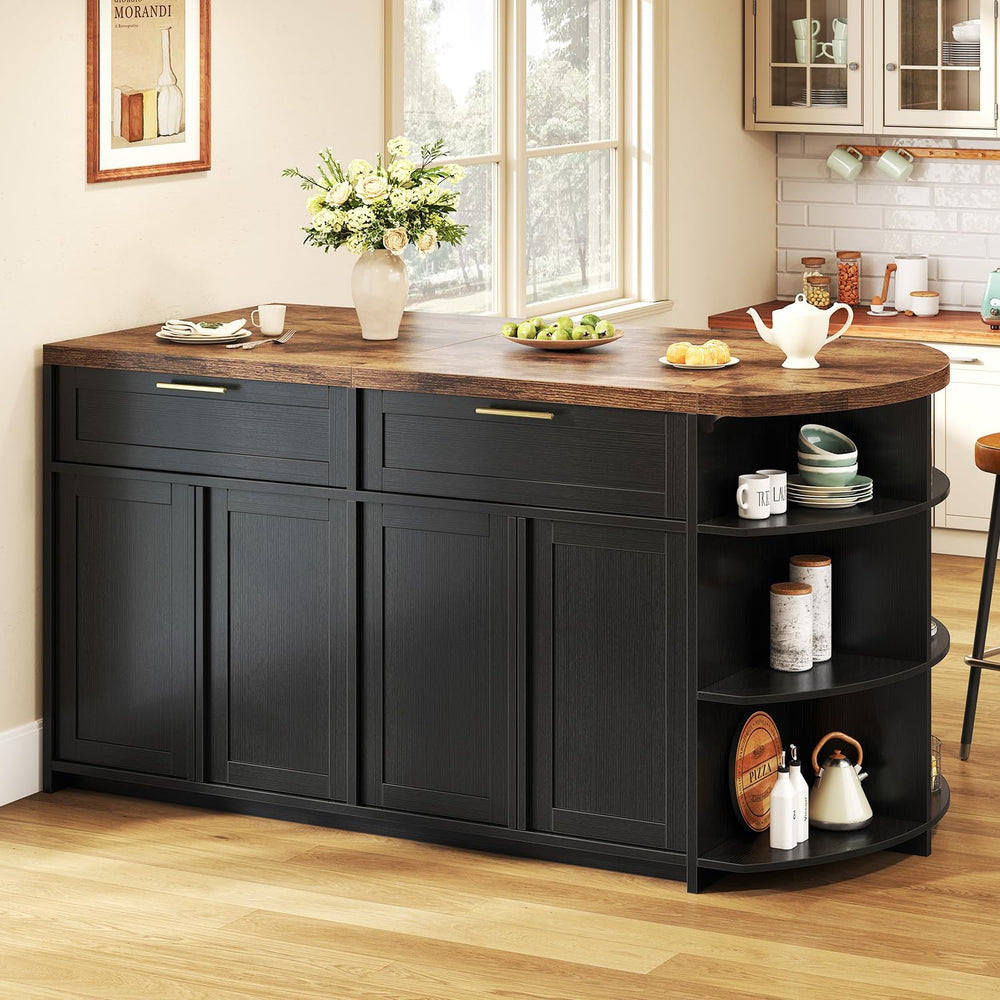 HSH 63 Inch Large Kitchen Island with Storage and Seating, Rustic Brown