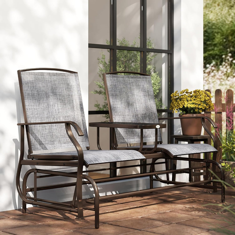 Outsunny Outdoor Glider Bench with Center Table Metal Frame Armrests Gray