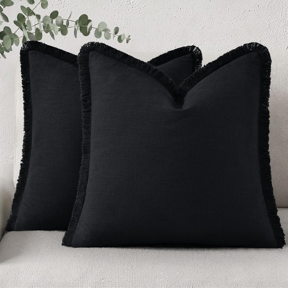 decorUhome Linen Fringe Black Throw Pillow Covers 24x24 Set of 2