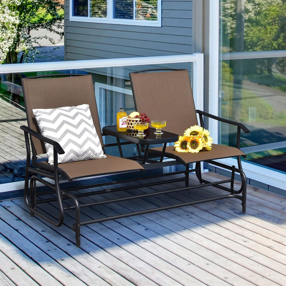 GIANTEX Patio Bench Glider Chair with Metal Frame, Center Tempered Glass Tabl...