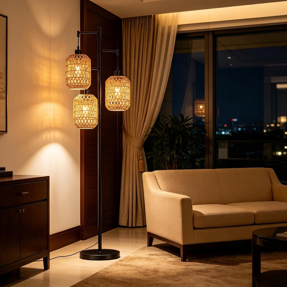 QIYIZM Floor Lamp for Living Room,Bedroom,3-Lights Boho Rattan Tree Floor Lig...