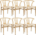 Yaheetech Dining Chairs Set of 6 Mid Century Modern Woven Chairs Wood Color