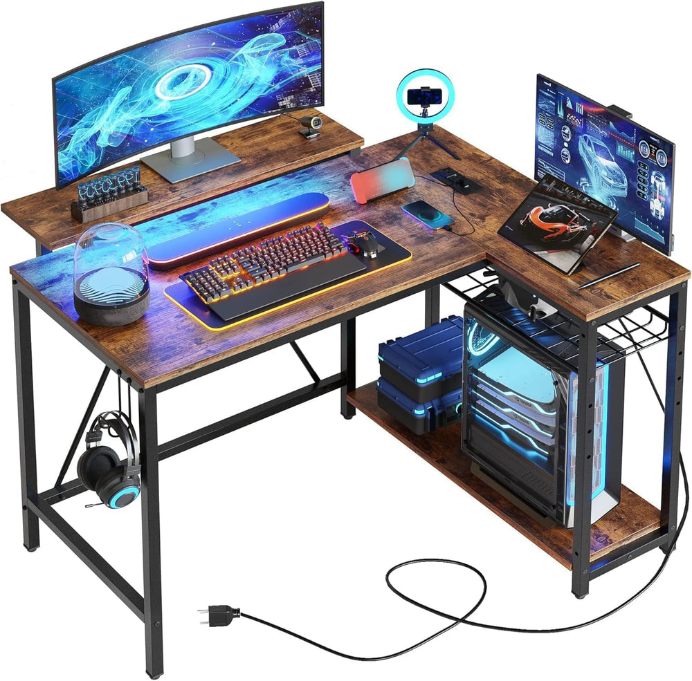 Bestier 42-Inch L-Shaped Gaming Desk with Charging & LED, Rustic Brown