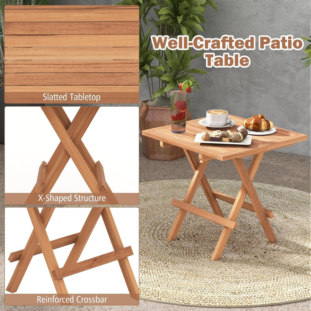 Tangkula Patio Folding Side Table, Teak Wood Square End Table with Slatted Ta...