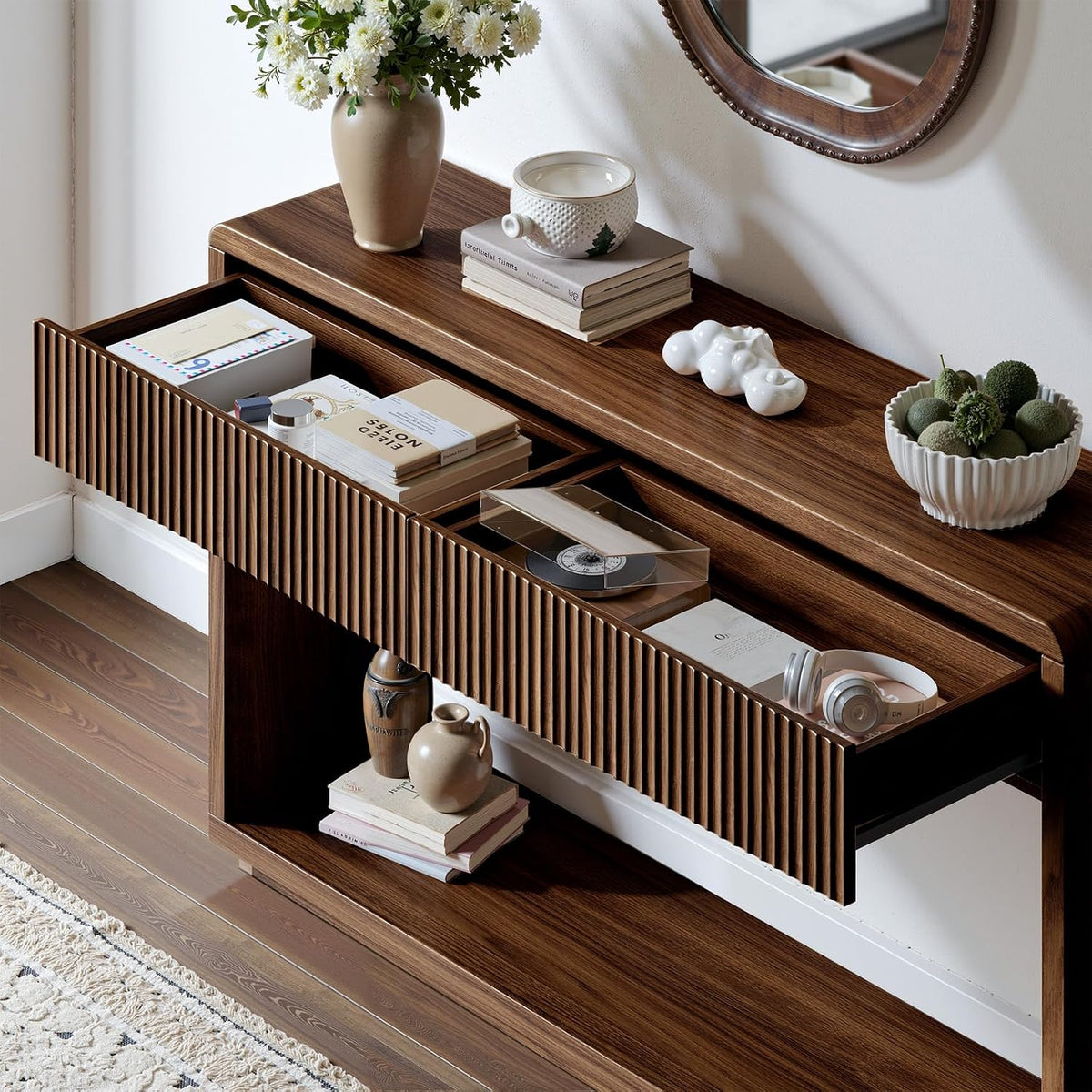 Evermagin 59'' Walnut Console Table with Drawers, Sofa Table with Storage | Mid Century Modern entryway table, Fluted Behind Couch Table for Living Room, Entrance, Hallway