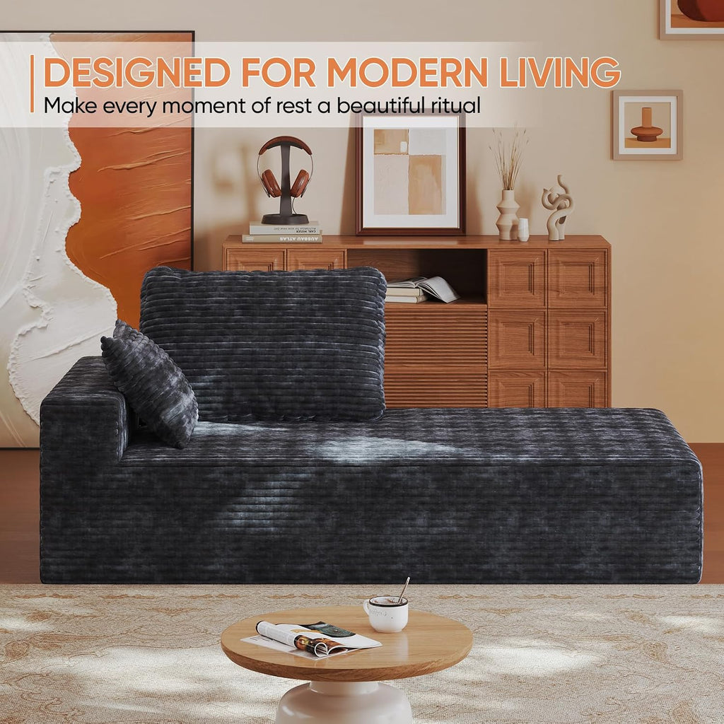 35" Sofa Bed, Boneless Cloud Couch, Rectangular Couch for Living Room, One-Piece Chaise Lounge with Pillows, Flannel Comfy Floor Sofa (Gray, Vertical Right Armrest Facing Chaise)