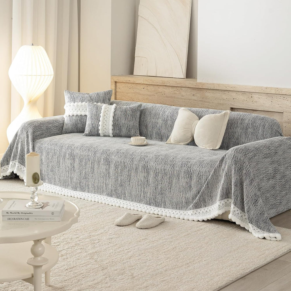 VOGOL Chenille Couch Cover for Sofa, Sofa Covers with Pom Pom Trim