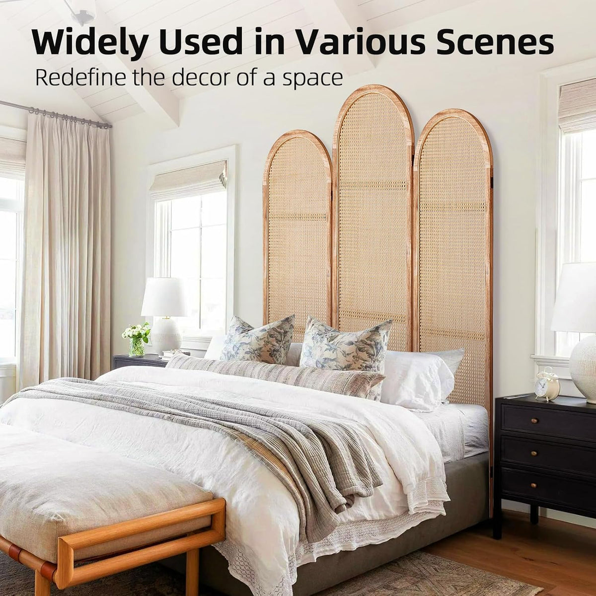 3 Panel Rattan Room Divider Screen, Boho Folding Privacy Screen