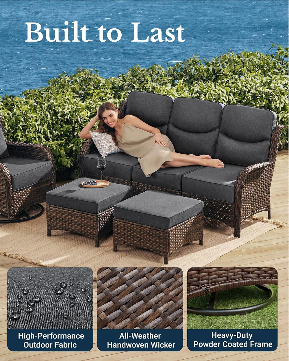 HILLGA Luxury High Back Patio Furniture Set with 6-Inch Thick Cushion