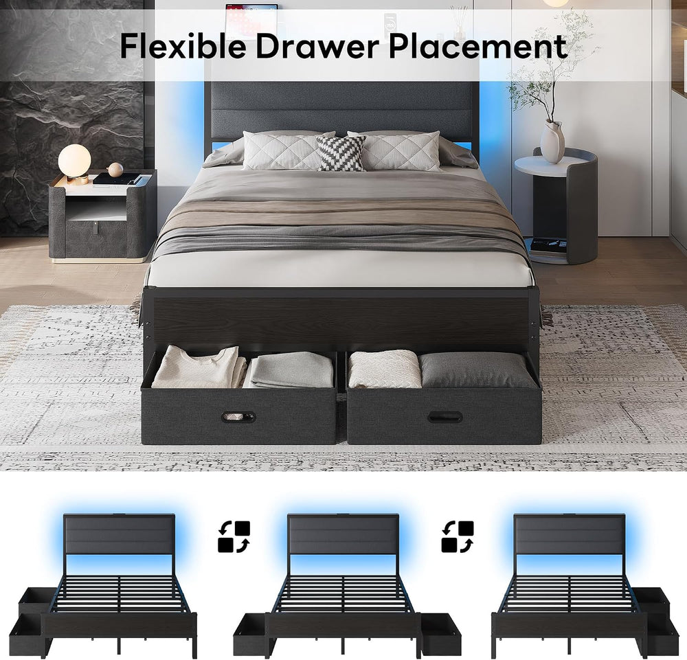 LIKIMIO Full Size Bed Frame with 2 Storage Drawers, Upholstered Headboard