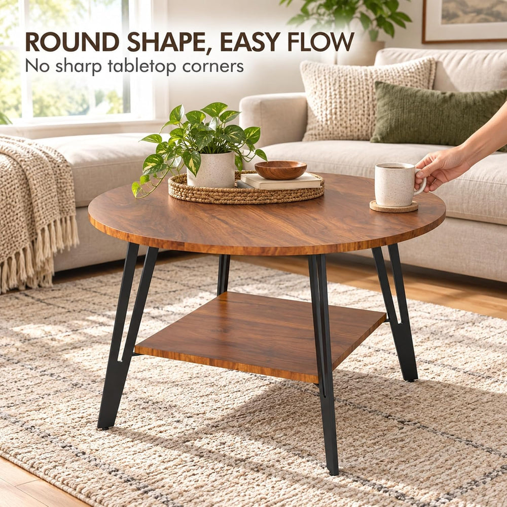 Manora 28" Round Coffee Table for Living Room, Storage Shelf, Rustic Brown
