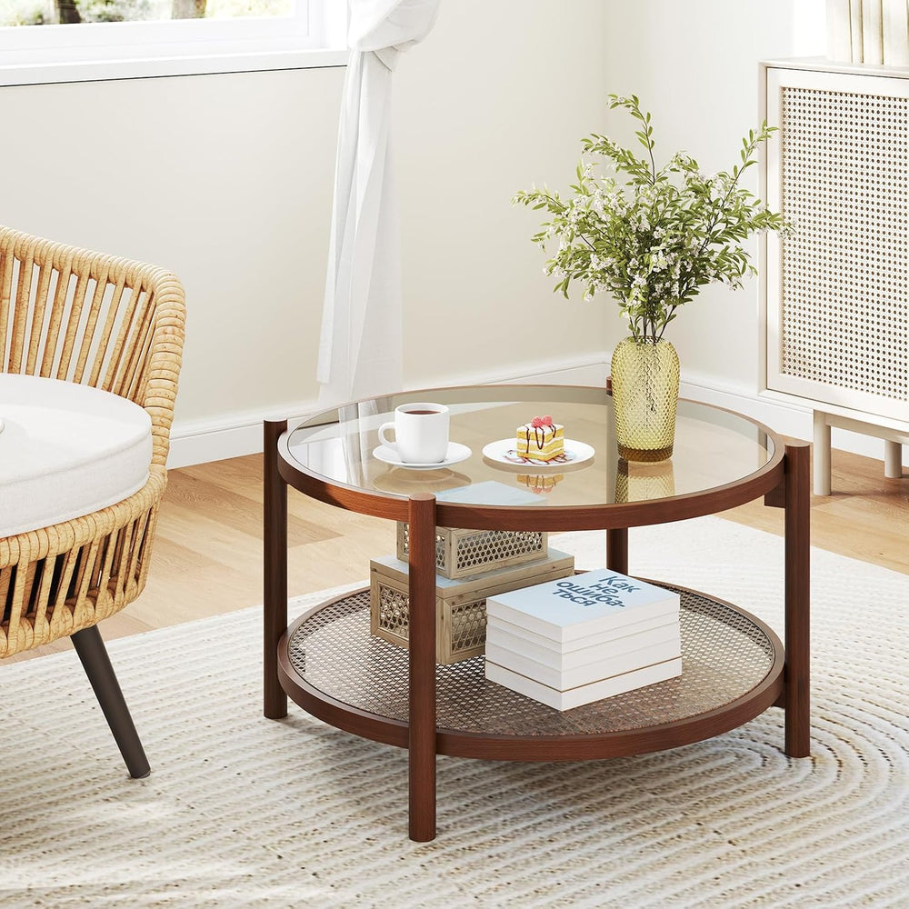 GOFLAME Rattan Coffee Table, Boho Glass Center Table with Solid Wood Frame, T...