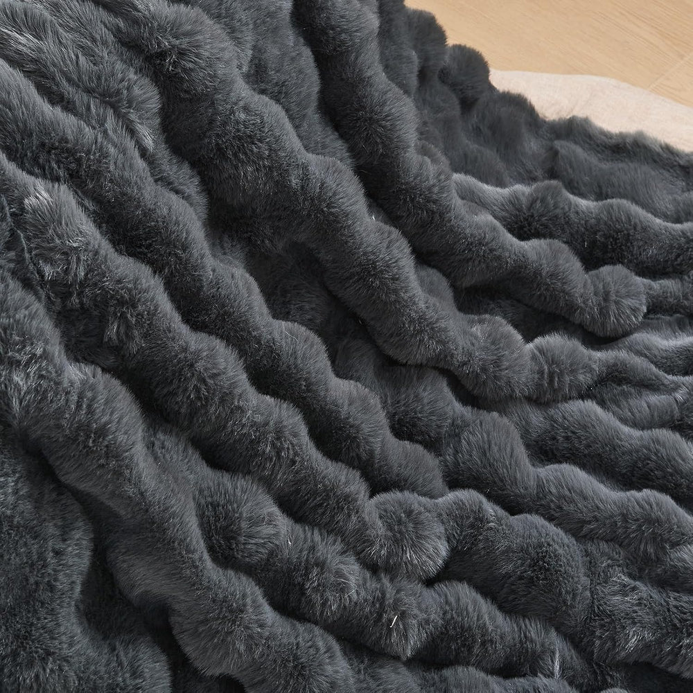 Lotus Karen Faux Fur Blanket Dark Gray Twin Size - Big Bubble Rabbit Fluff Th...