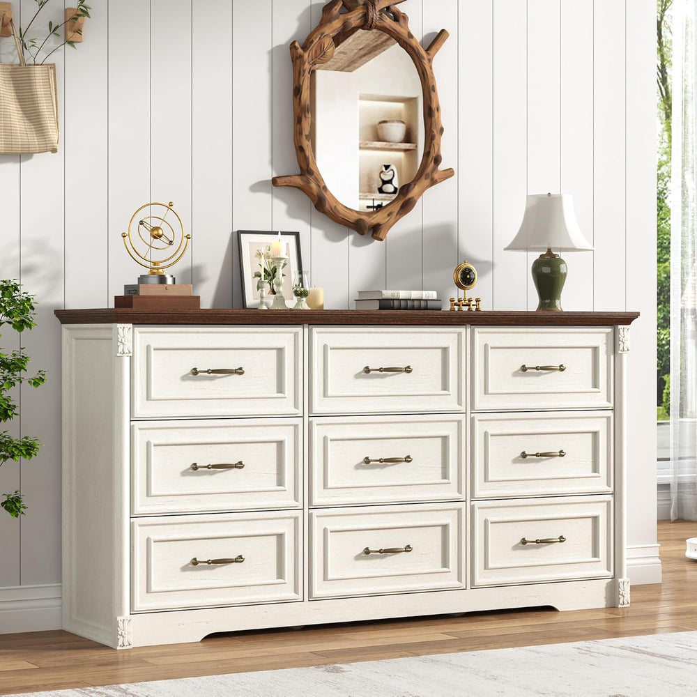 Farmhouse Wood 9 Drawer Dresser for Bedroom,Embossed Roman Column Wood Rustic...