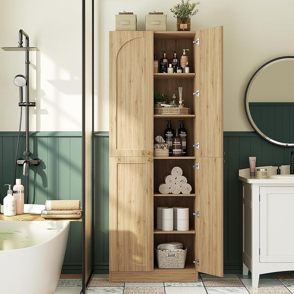 Cyclysio 80" Storage Cabinet, Tall Arched Bookcase with 4 Soft Close Doors