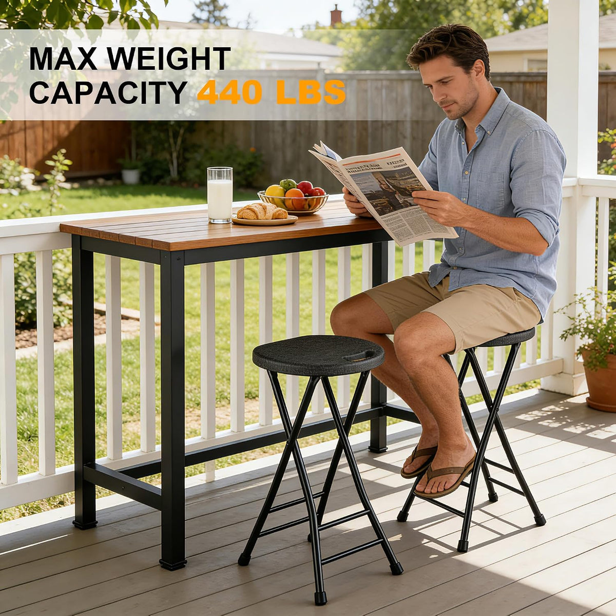 24 Inch Folding Stool Set of 2, Portable Folding Stool with Handle & Non-Slip Feet, Sturdy 440lbs Capacity Folding Bar Stool for Kitchen, Camping, Fishing, Black