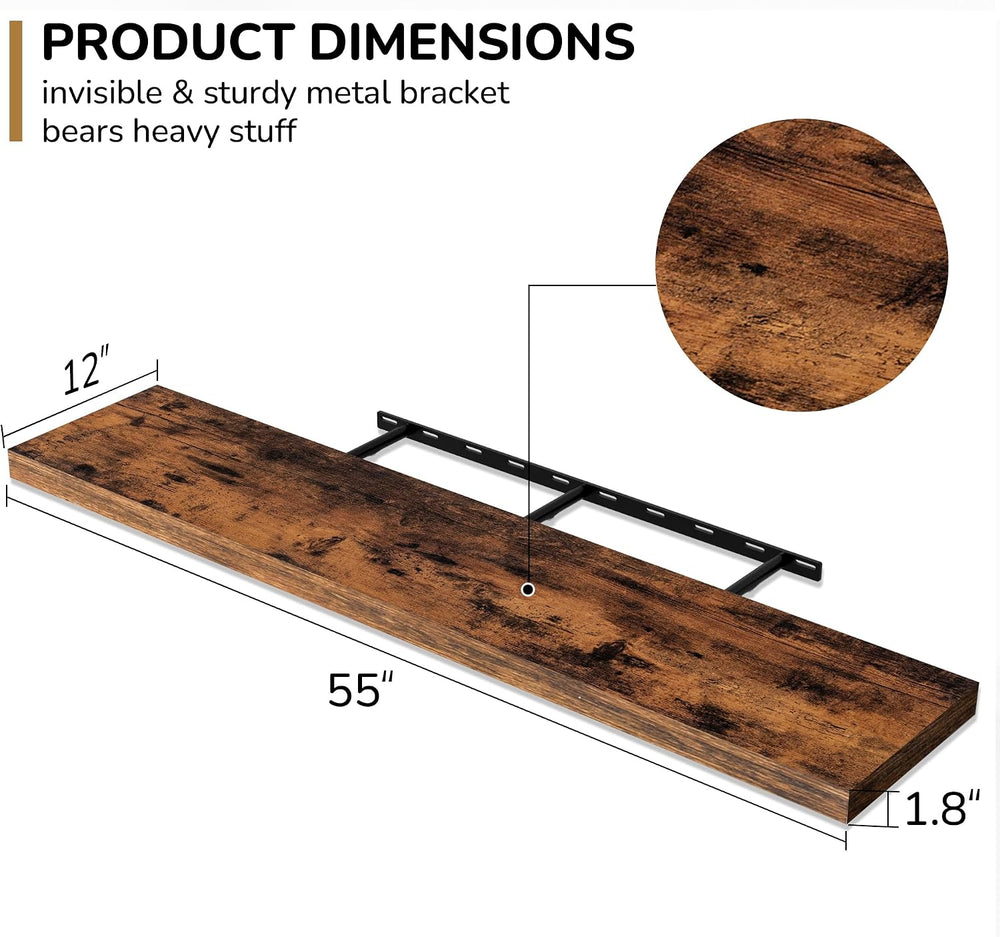 Fun Memories 55 Inch Floating Shelves - 12 Inch Deep Rustic Wooden Wall Shelv...